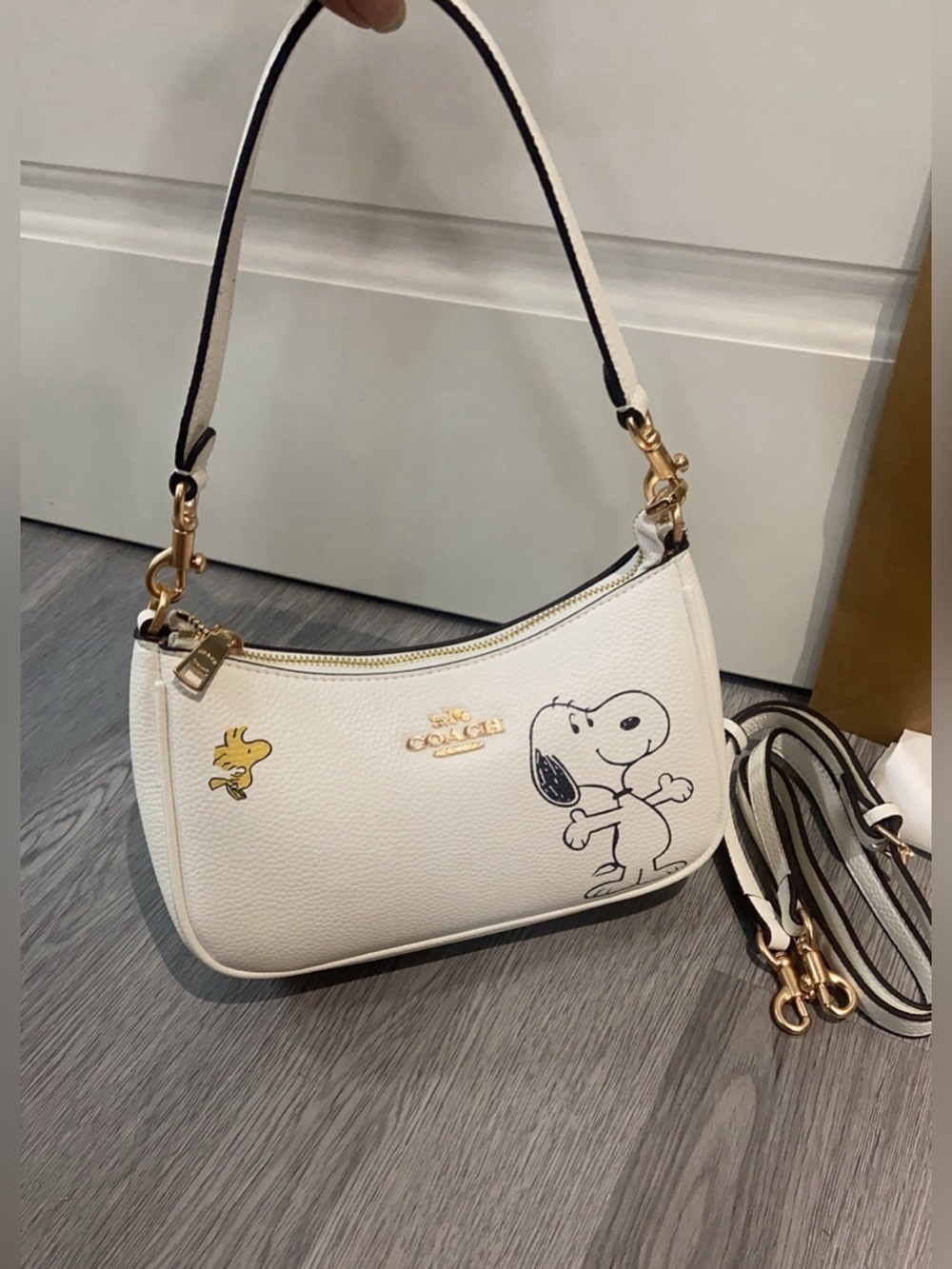 Coach White Leather Snoopy & Woodstock Shoulder Bag with Gold Hardware